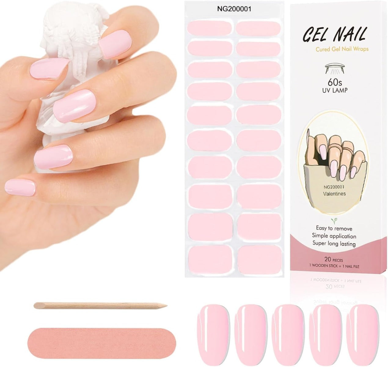 Kit Adesivi per Unghie in Gel Semipolimerizzato - 20 Strisce Autoadesive con Accessori per Manicure rosa