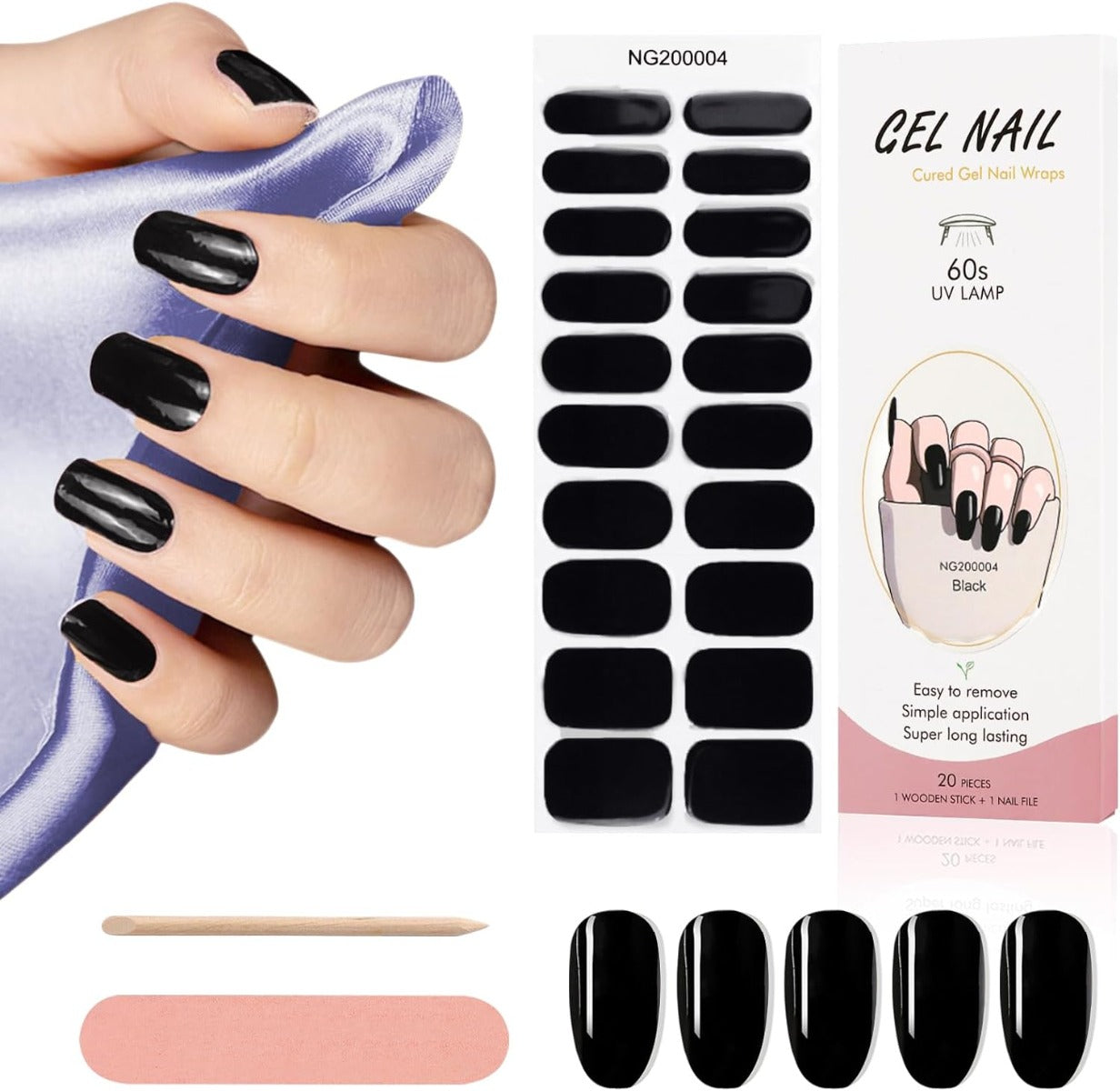 Kit Adesivi per Unghie in Gel Semipolimerizzato - 20 Strisce Autoadesive con Accessori per Manicure nero lucido