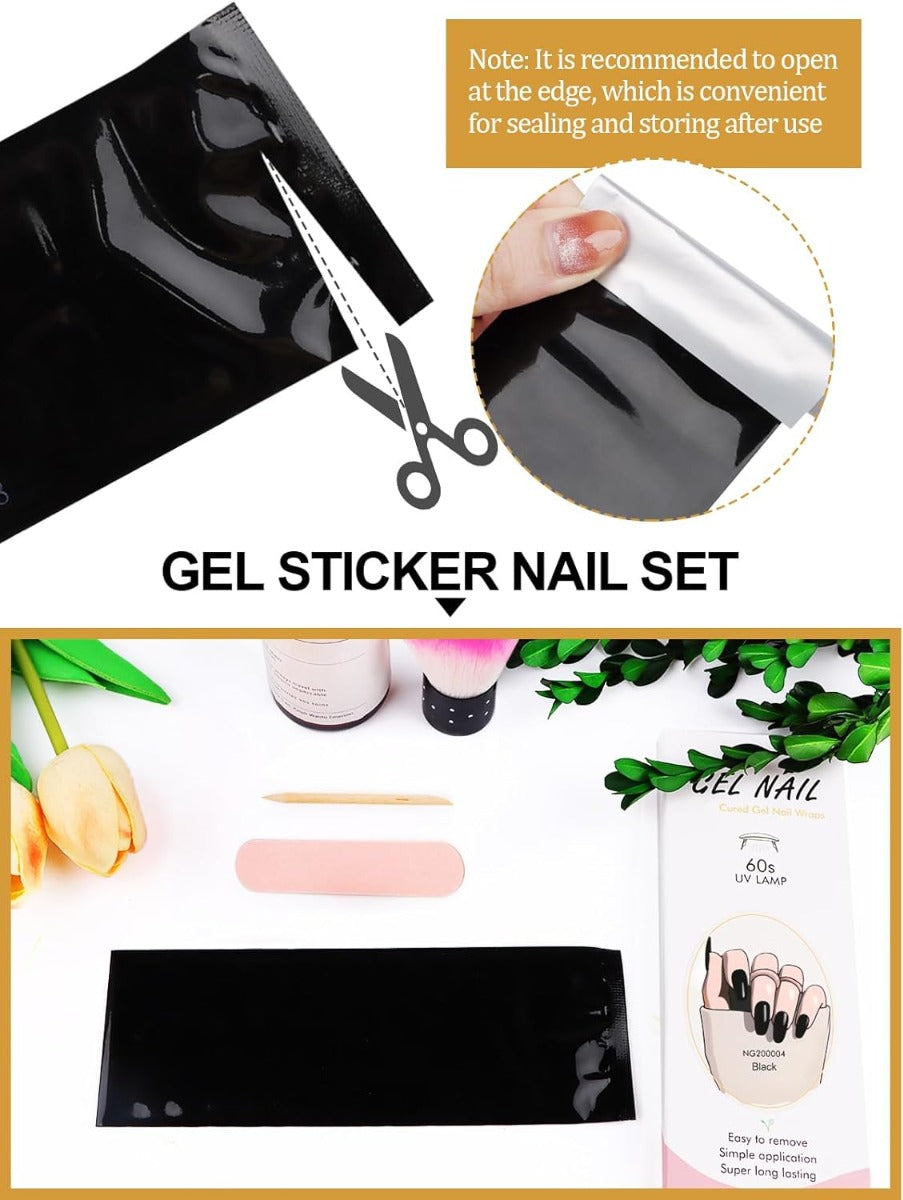 Kit Adesivi per Unghie in Gel Semipolimerizzato - 20 Strisce Autoadesive con Accessori per Manicure nero lucido