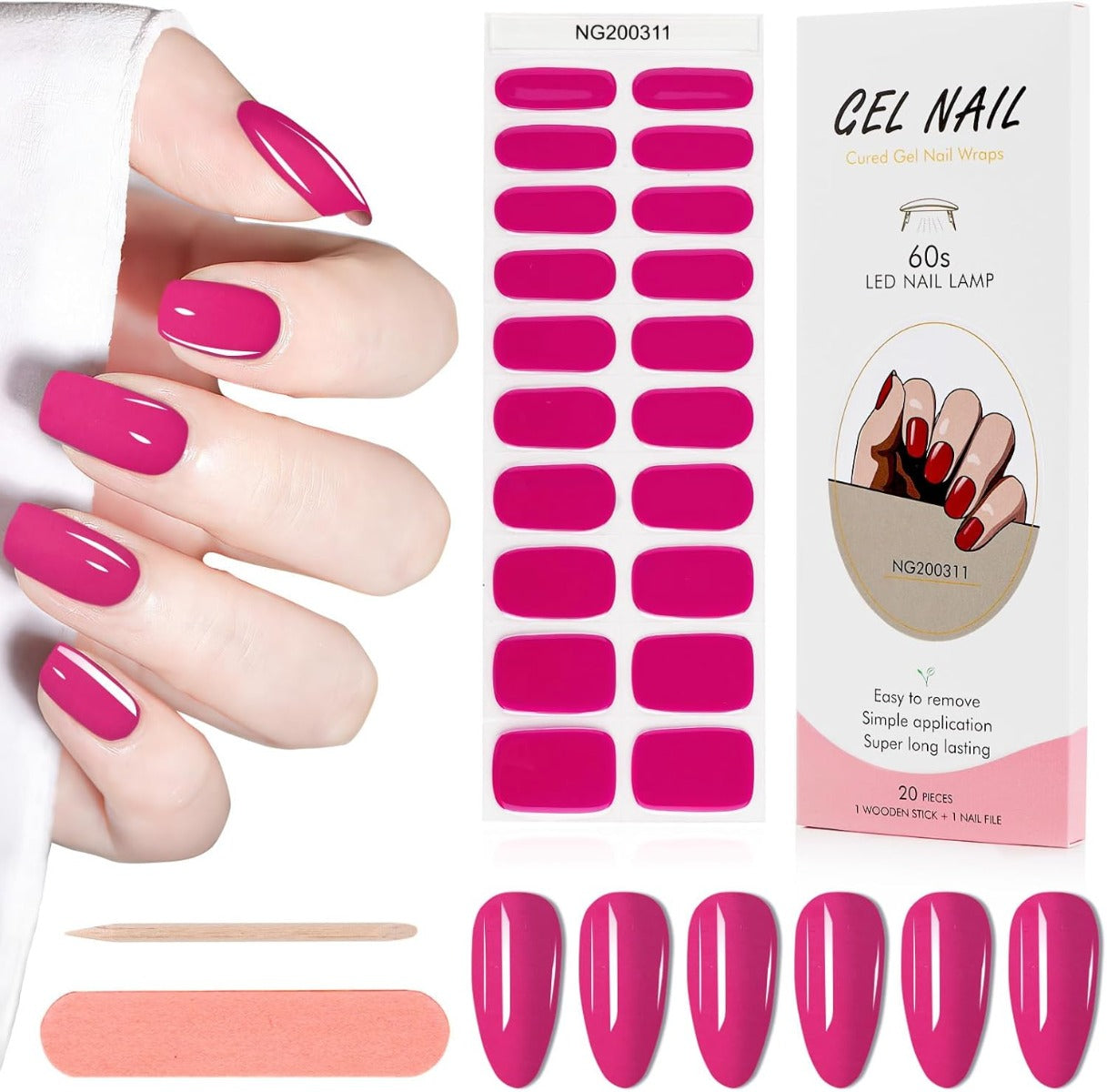 Kit Adesivi per Unghie in Gel Semipolimerizzato - 20 Strisce Autoadesive con Accessori per Manicure fuxia