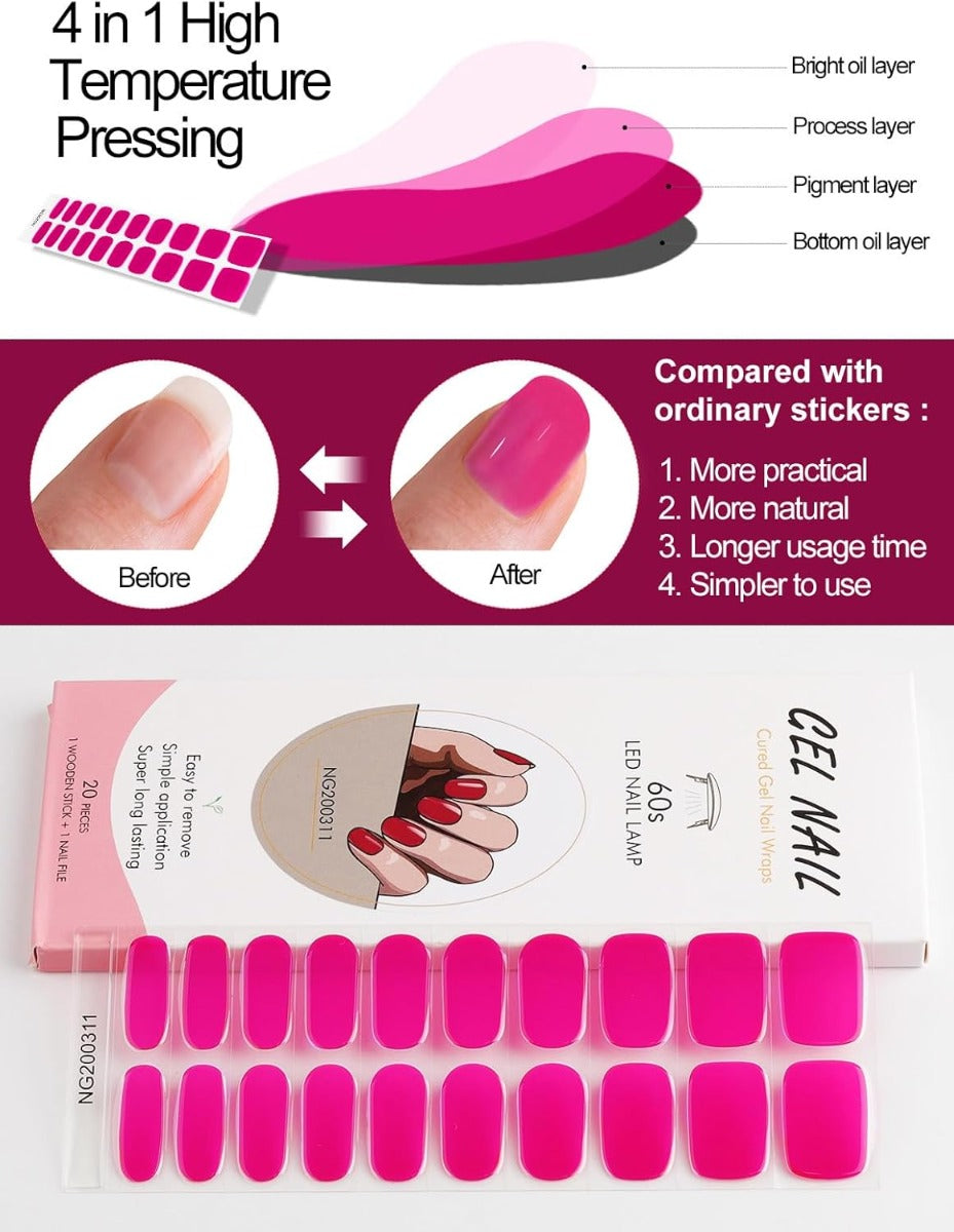 Kit Adesivi per Unghie in Gel Semipolimerizzato - 20 Strisce Autoadesive con Accessori per Manicure fuxia